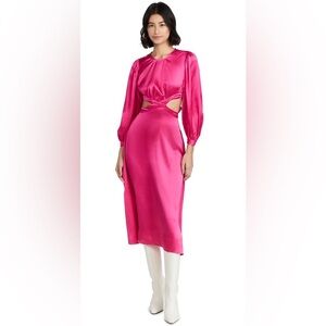 RAHI Cierra Cutout Balloon Sleeve Satin Midi Dress Fuchsia Pink